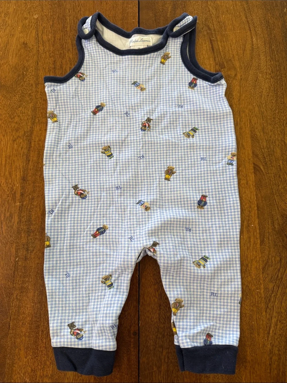 Ralph Lauren Boys 6 month Light Blue Gingham Bear & Toy Print Infant Romper